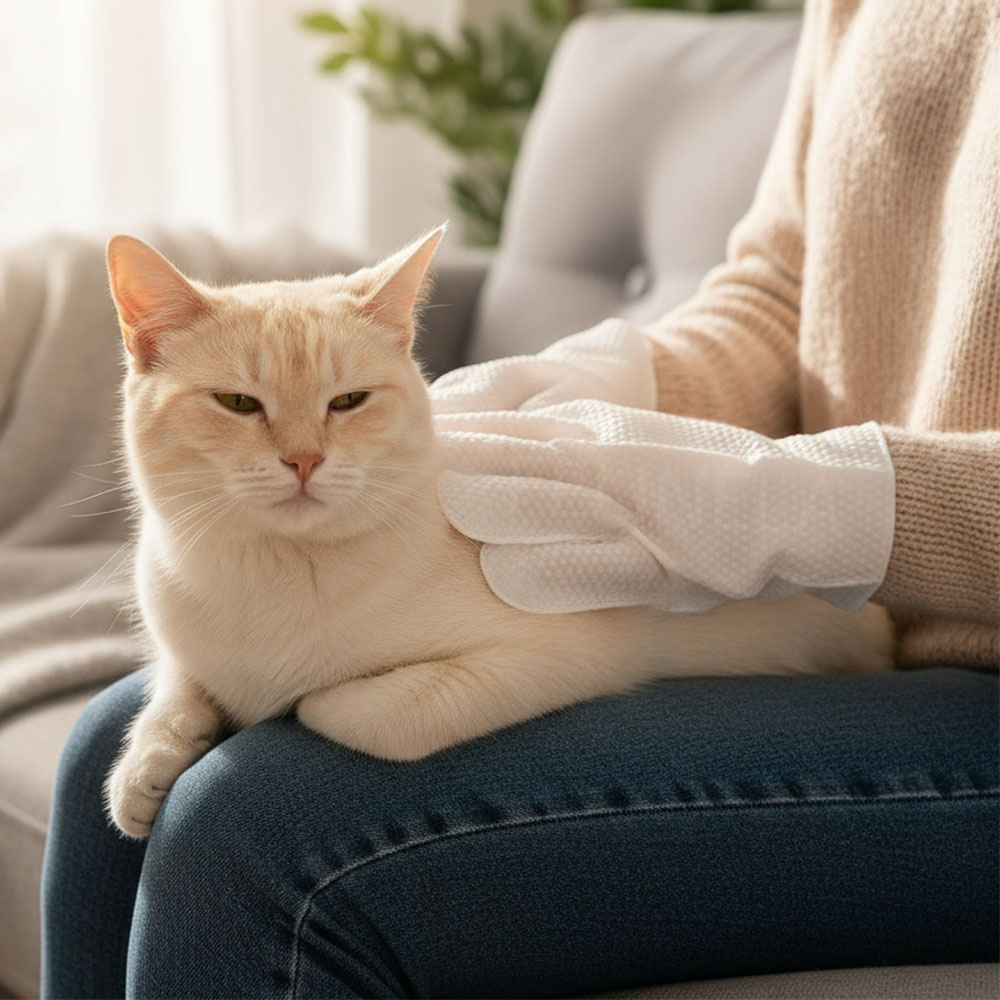 Почистване на котешка козина с ръкавица