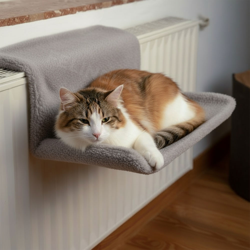 Котка, сгушена в меко легло на радиатор