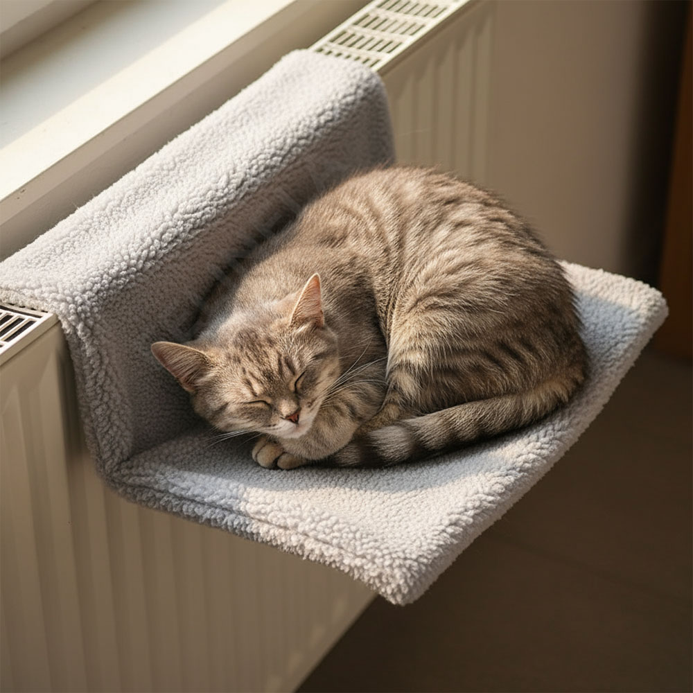 Котка, която наблюдава стаята от хамак на радиатор
