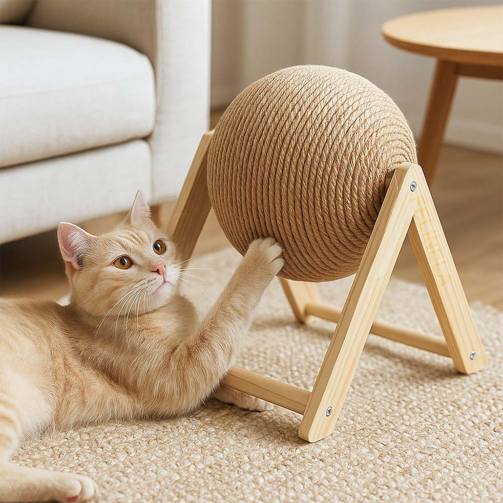 Котка играе с драскалка PlayBall у дома