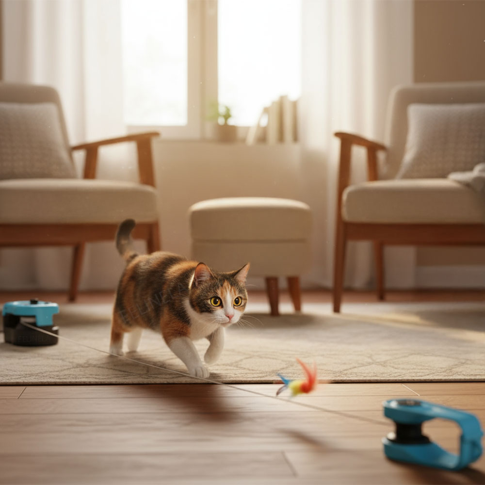 Котка използва естествения си ловен инстинкт по време на игра
