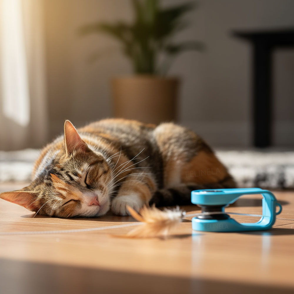 Спокойна котка след активна игра у дома