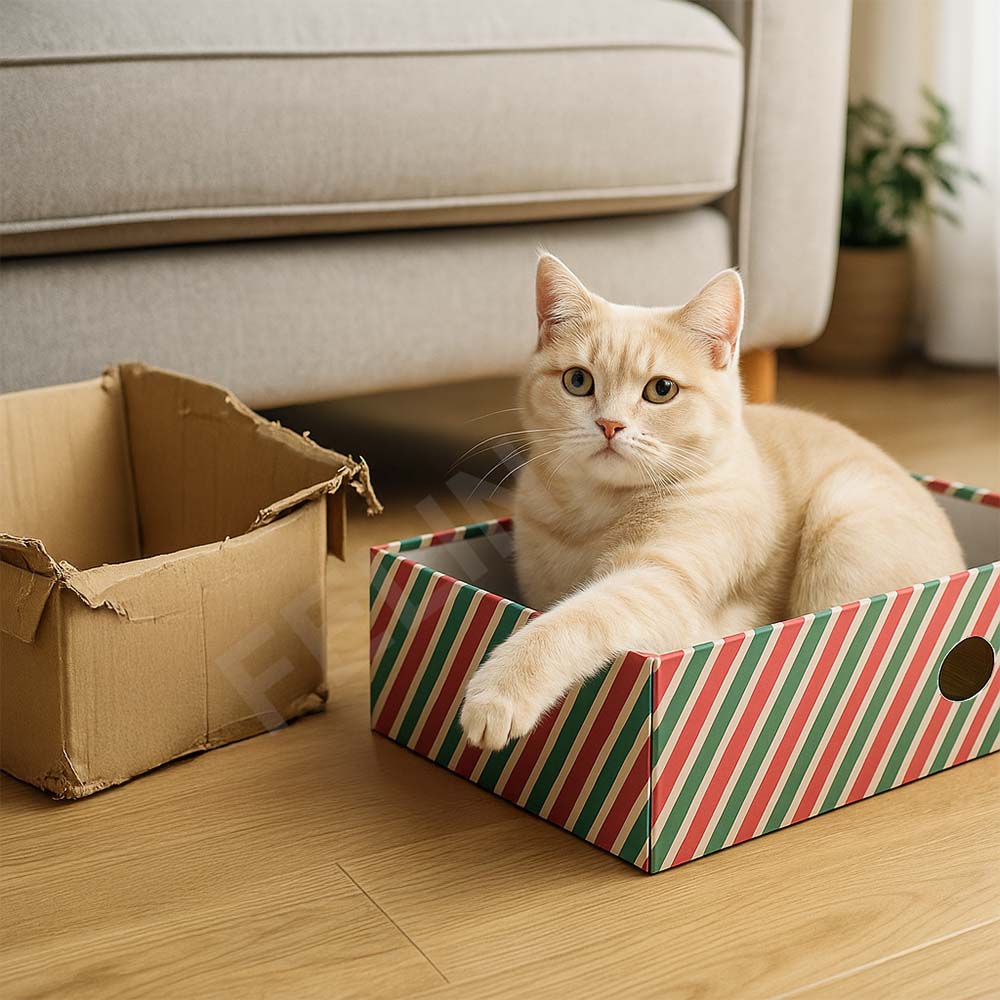Котка използва картонена драскалка за сън и игра