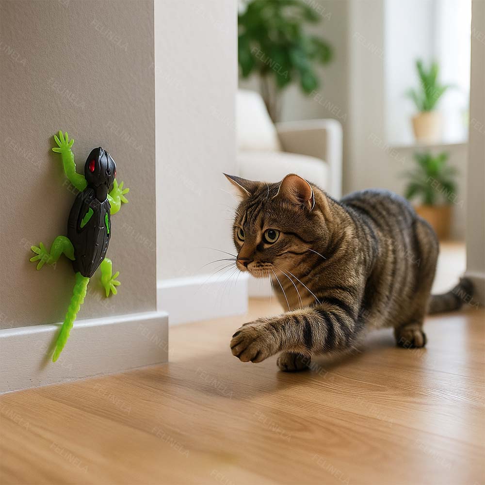 Котка играе с интерактивен гекон у дома