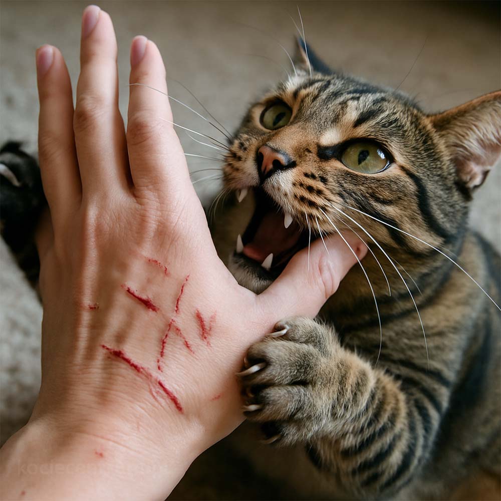 Котка по време на активна игра със защитна ръкавица