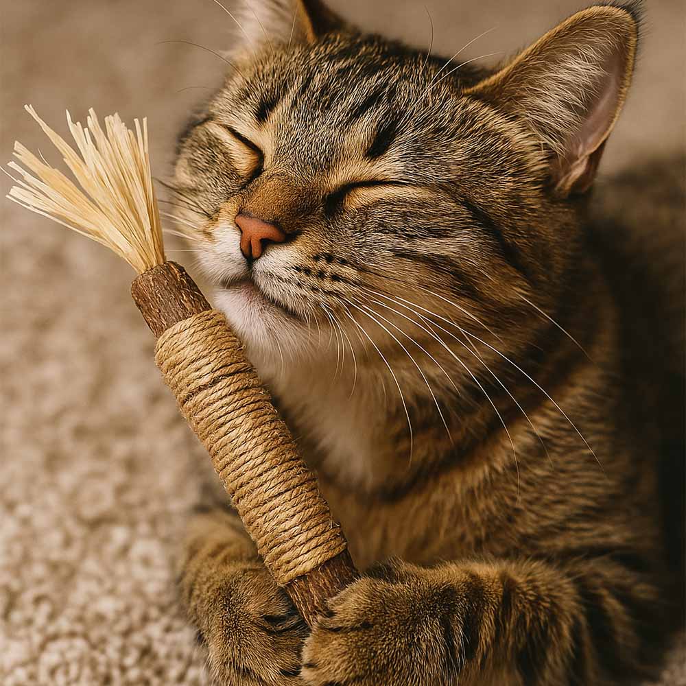 Котка играе с пръчици с естествен аромат