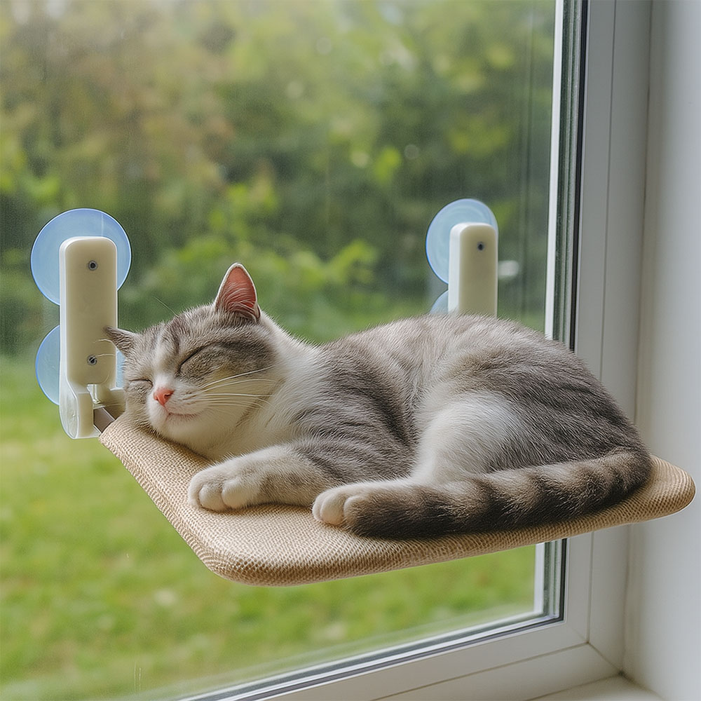 Котка почива удобно в хамак на прозореца