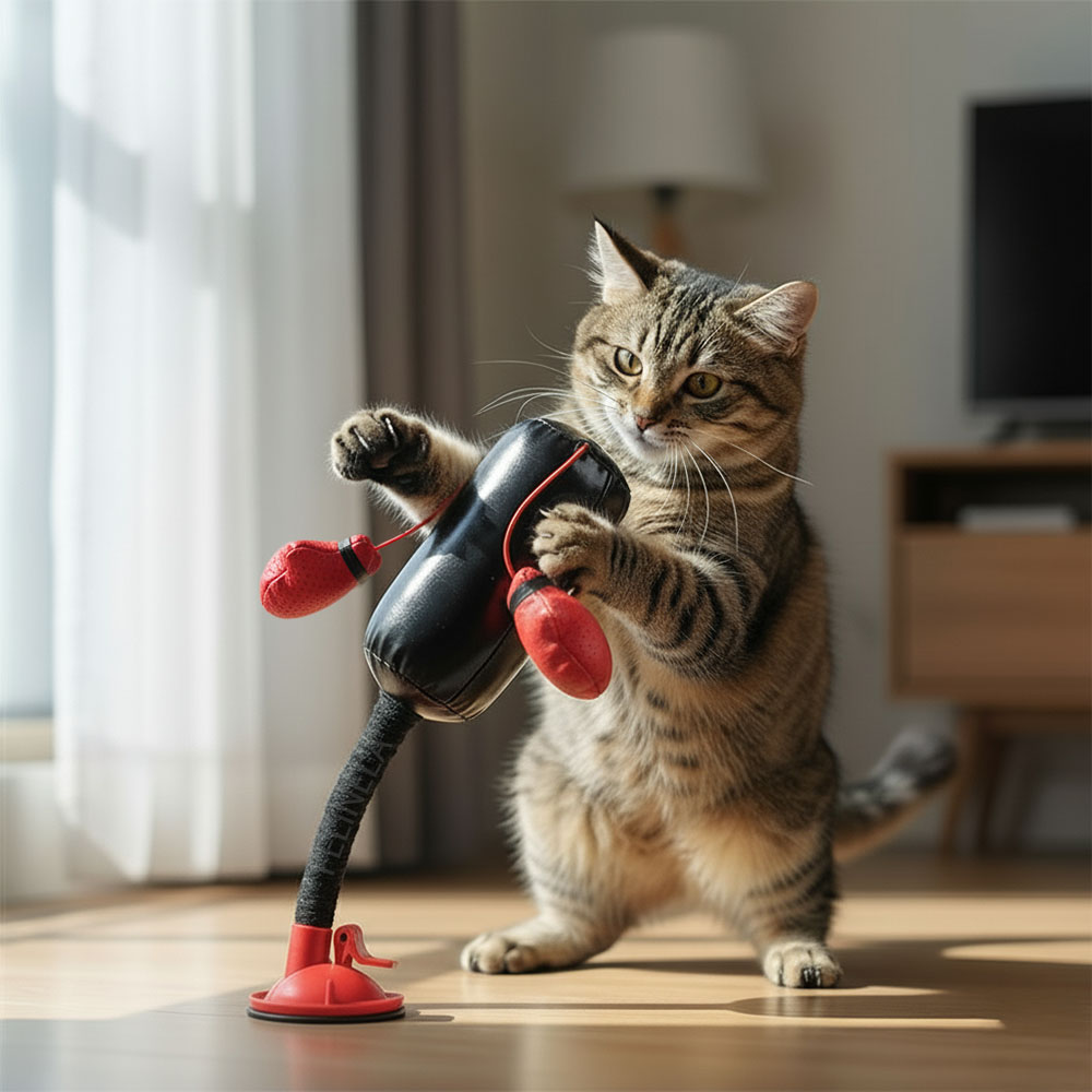 Котка разтоварва енергията си чрез игра с пружинираща круша