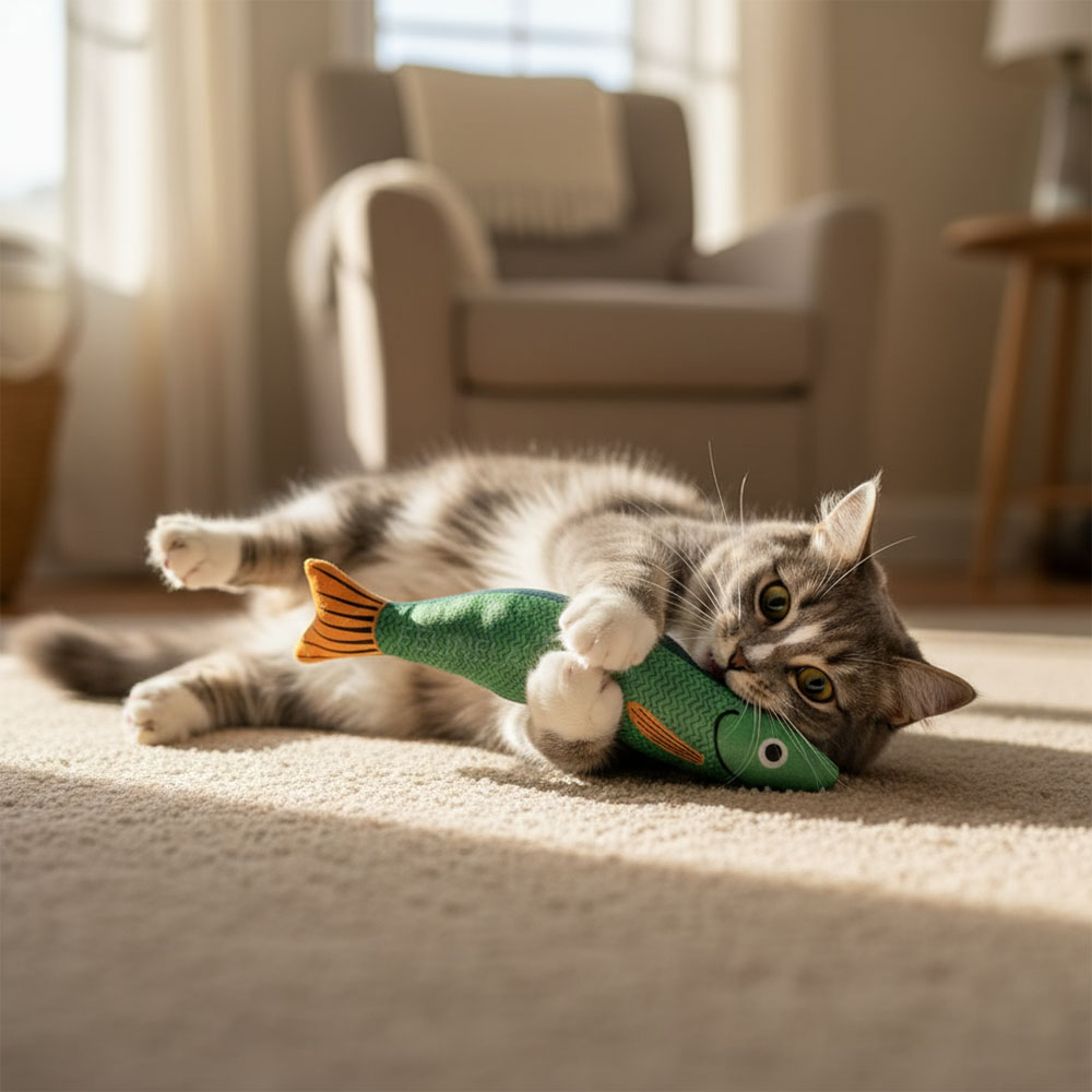 Котка играе с мека рибка с котешка мента