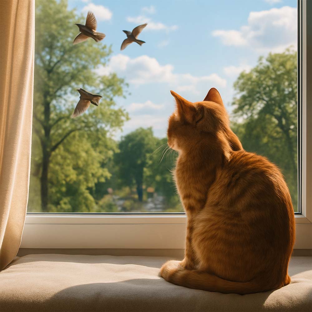 Котка играе с интерактивно птиче у дома