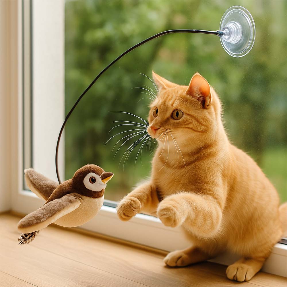Птиче за котка, закачено за въдица за игра във въздуха