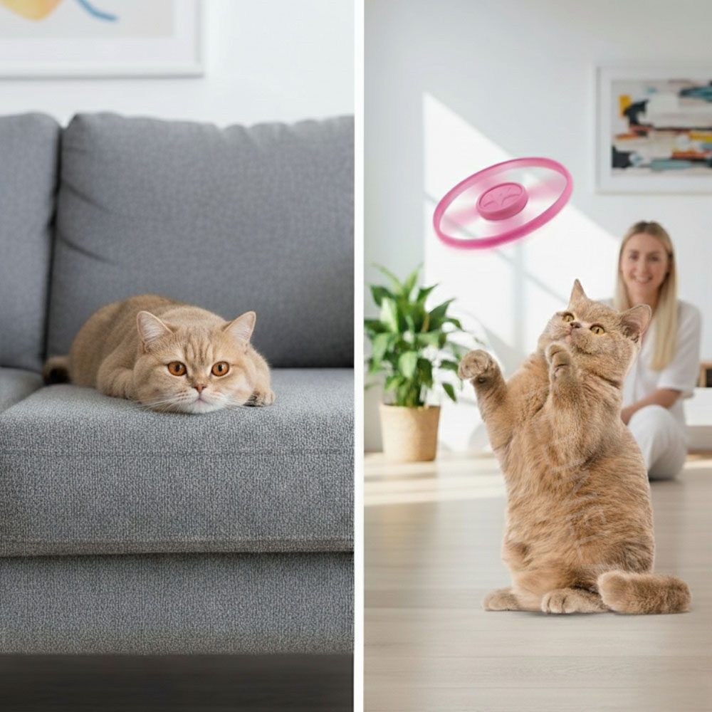 Котка играе с въртящ се летящ диск