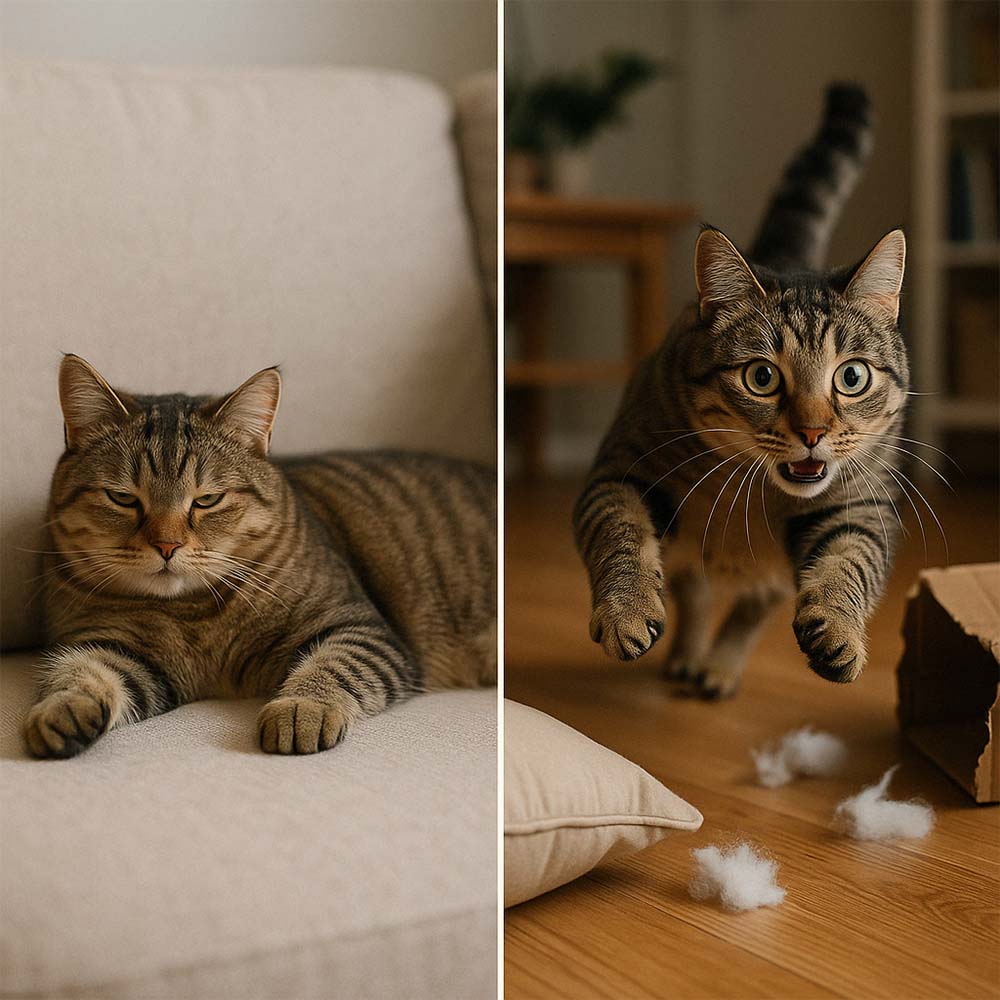 Котка играе с бягаща мишка у дома
