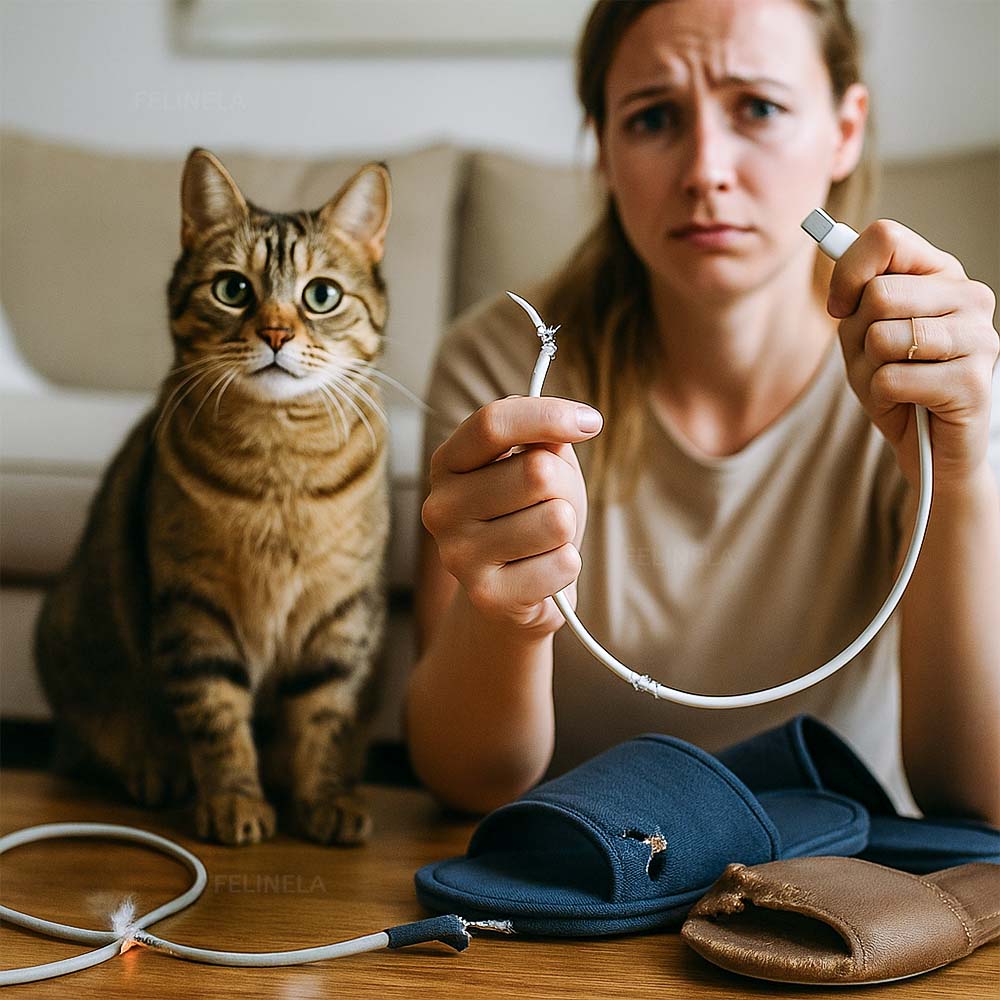 Котка играе с меки въженца за гризане и дърпане