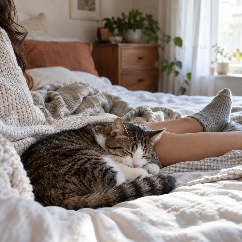 Котка спи на леглото до краката на стопанката си