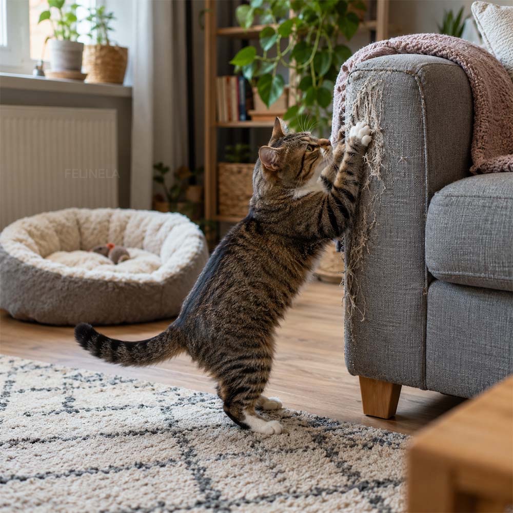 Котка драска ъгъла на дивана, а на заден план има плетен кош за спане