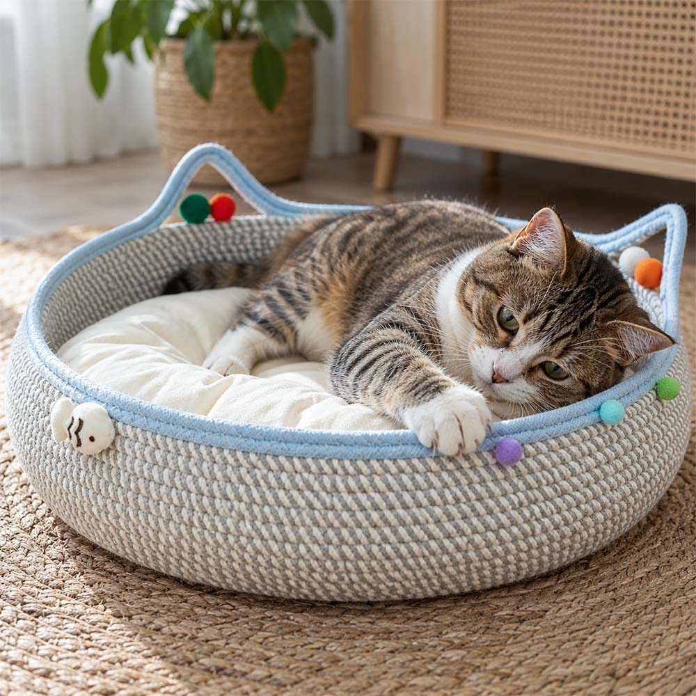 Котка си почива в плетеното легло с лапа, опряна на ръба
