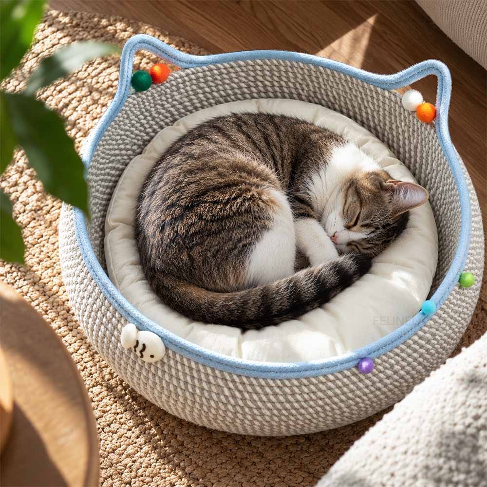 Котка спи свита на кълбо в плетеното легло