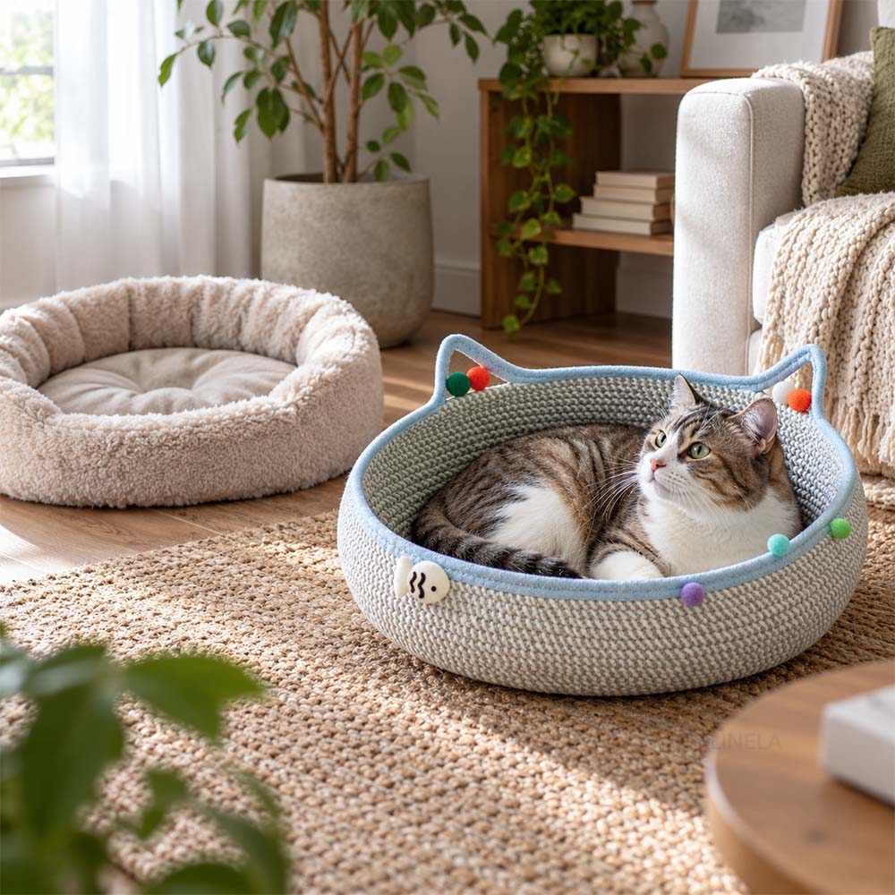 Котка седи в плетеното легло, а на заден план има друго, меко легло