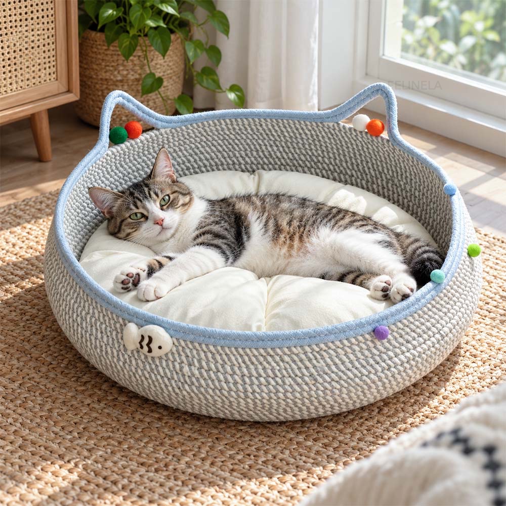 Котка протяга лапите си, докато лежи в плетеното легло до прозореца