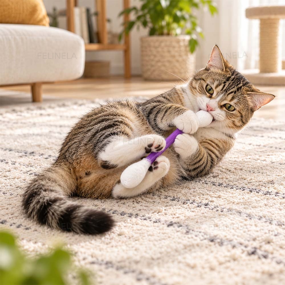 Котка лежи на килима и прегръща с лапички клечка XXL за игра