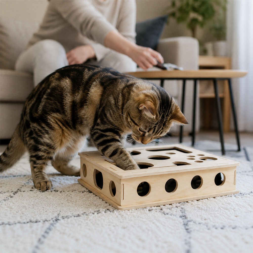 Котка играе с дървената логическа играчка върху килим в дневната